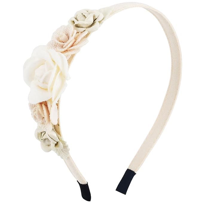 Flower Headbands for Girls Kids Toddlers Rose Floral Headpiece Non Slip Elegant Wedding Flower Crown Hairband Spring Summer Fashion Cloth Headdress Accessories for Birthday Party (Beige)