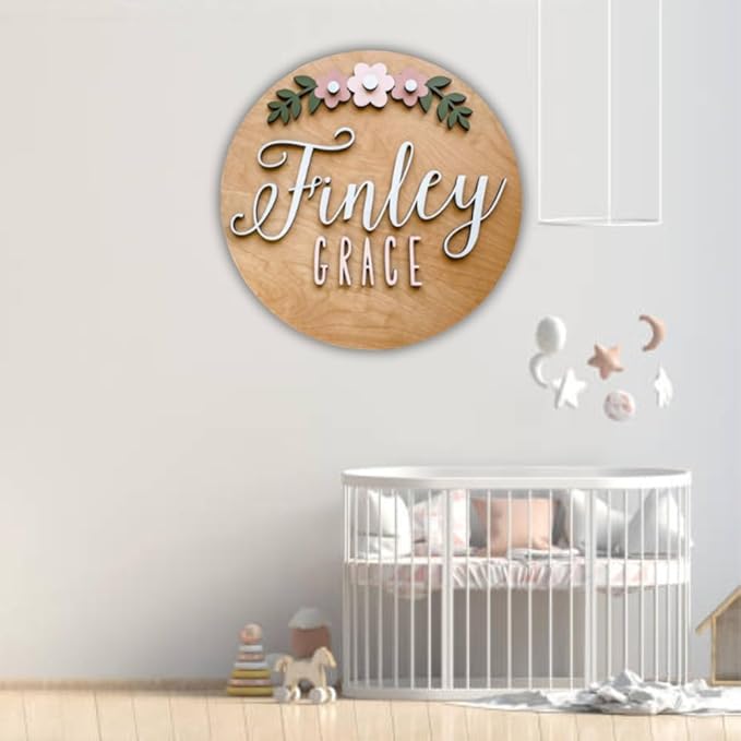 Personalized Wooden Name Sign - Custom Baby Name Signs for Nursery & Kids Room Decor - Baby Announcement Sign - Name Wall Art - Wooden Letters for Wall - Custom Round Nursery Name Sign (Design 8)