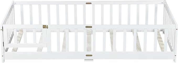 Twin Size Floor Bed for Kids, Wood Montessori Floor Beds with Fence Railings, Door & Slats Support, Twin Playhouse Bed Frame for Boys Girls, No Box Spring Needed, White