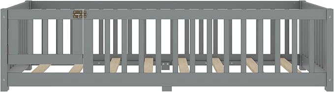 Bellemave Twin Floor Bed with Slats and Safety Guardrails, Kids Montessori Floor Beds with Fence and Door, Easy Assemble Floor Bed for Kids, Girls, Boys, Gray