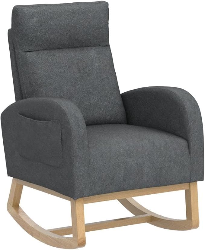 Nursery Rocking Chair with Solid Wood Legs, Glider Chair for Nursery with Two Side Pockets, Rocker Armchair for Living Room Bedroom (Dark Grey, Linen Fabric)