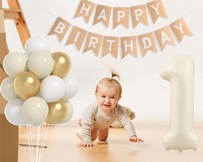 One Birthday Decorations kit, 40inch cream Number 1 balloon and HAPPY BIRTHDAY banner set with 12inch White Sand Metallic Gold Balloons for Kids 1st Birthday Decorations