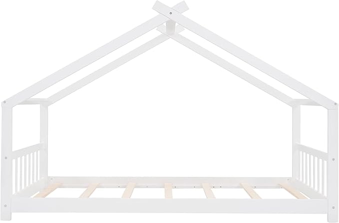 Ball & Cast Twin Size Floor Bed,Low to Ground Design Montessori Bed with Roof,Toddler House Bed Frame W/Slats,No Box Spring Needed,for Girls Boys,White