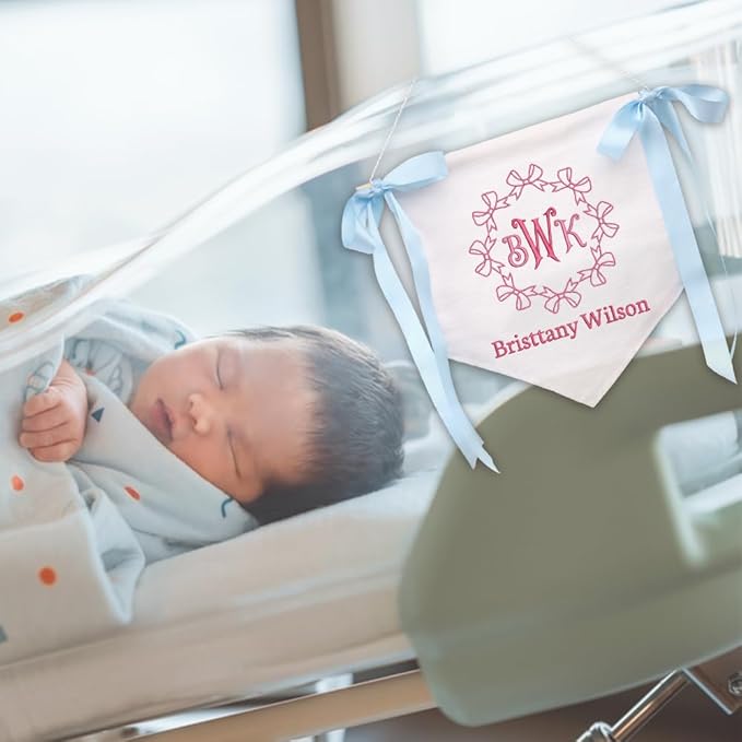 Embroidered Baby Name Sign Personalized Baby Announcement Sign Newborn Baby Banner with Bows Baby Hospital Name Sign Canvas Hanging Pennant Flag Custom Infant Baby Name Baby Shower Banner (14)
