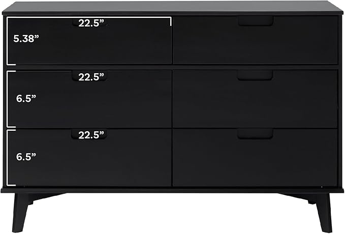 Walker Edison Sloane 6-Drawer Groove Handle Solid Pine Wood Dresser, 52 Inch, Black