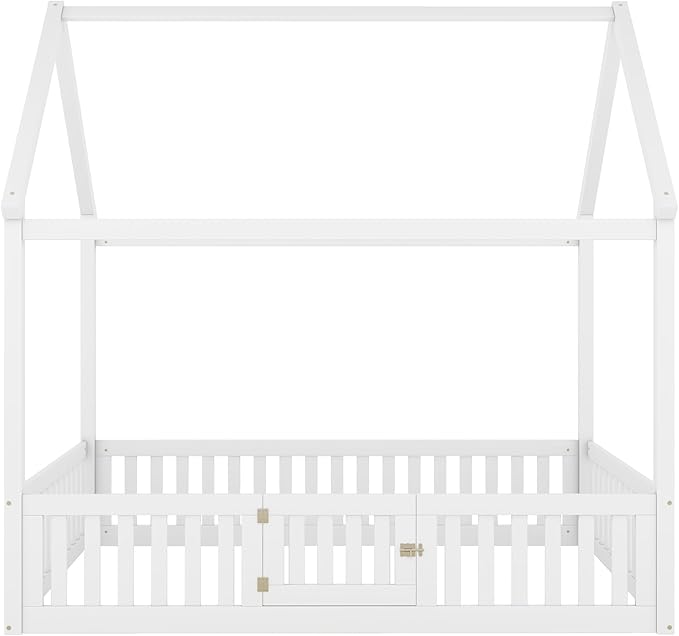 Bellemave Full House Bed for Kids, Wooden Kids bedframe with Rails and roof, Montessori Floor beds, White with Door no slats
