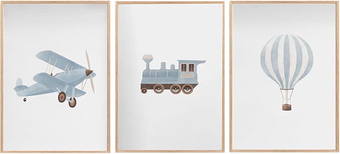 Blue Hot Air Balloon Plane Train Prints Wall Art Decor Vintage Travel Boy Nursery Wall Art Watercolor Toddler Art Blue Hot Air Balloon Plane Train Prints Bedroom Home Decor Nursery No Frame 12x16inch