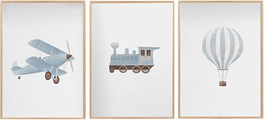 Blue Hot Air Balloon Plane Train Prints Wall Art Decor Vintage Travel Boy Nursery Wall Art Watercolor Toddler Art Blue Hot Air Balloon Plane Train Prints Bedroom Home Decor Nursery No Frame 12x16inch