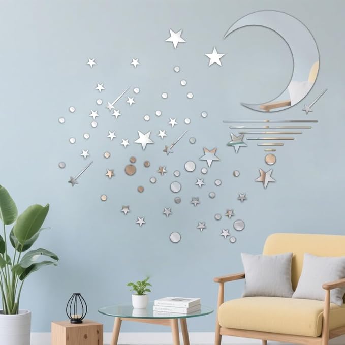 71 Pcs Silver Star Stickers, 3D Acrylic Moon Shooting Star Mirror Wall Stickers Decor, Removable Decals Art Self-Adhesive for Home Nursery Classroom Bedroom Interior Wallpaper Background Art Decor