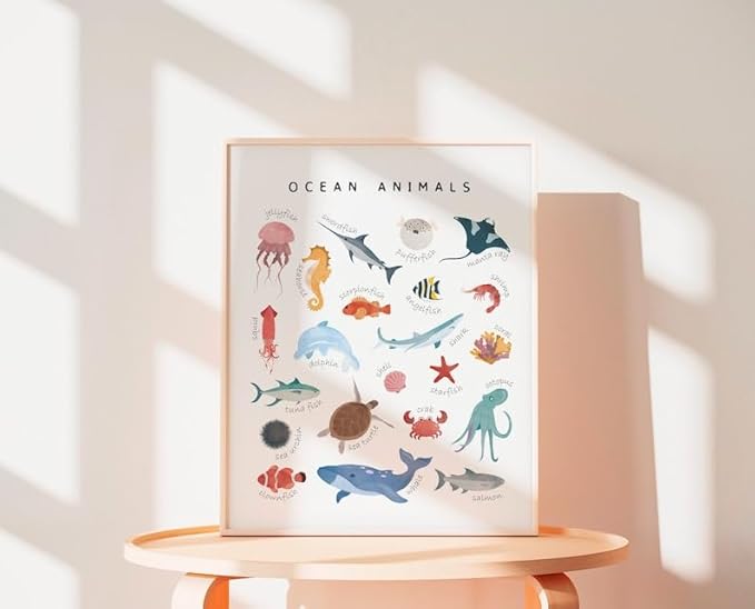 OZCONO Ocean Animals Learning Poster, Vibrant Sea Life Chart Kids, Preschool Wall Decor Art, Homeschool Education Guide (Unframed) (12x18)