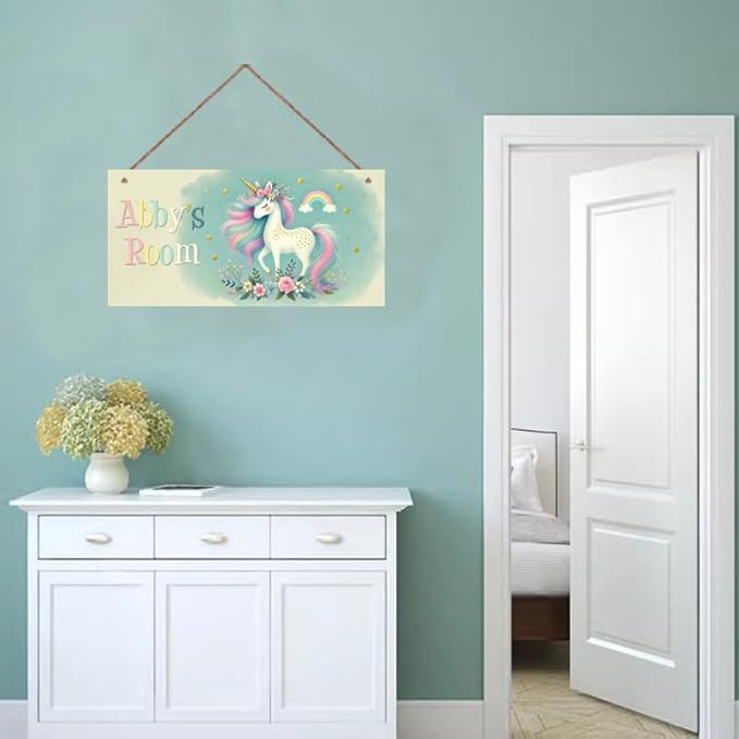 Personalized Unicorn Door Sign For Girls Bedroom Kids Nursery Wall Decor Custom Name Rainbow Art Wooden Plaque For Home Kitchen Garden Yard Wall Club Front Door Decor