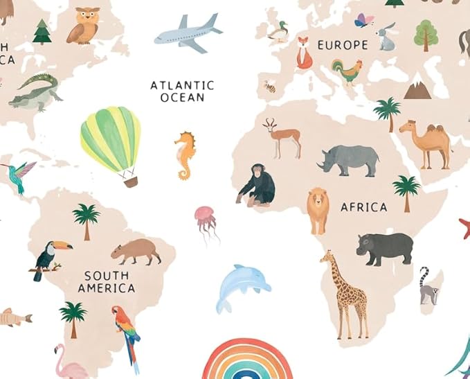 OZCONO Animal World Map Poster, Kids Educational Geography Decor, Safari Animals Nursery Art, Montessori Learning Wall Print (Unframed) (11x14)