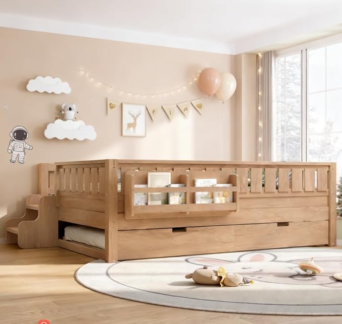 Bellemave Full Size Kids Bed with high Rails and with Built-in Bookshelf and Trundle for Kids, Girls, Boys, Wood Montessori Bed Without Door, Natural