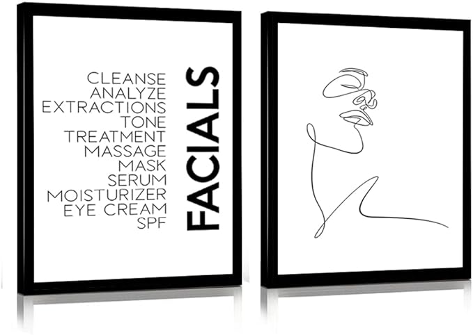 Minimalist Wall Art Prints Black and White Abstract Line Art Facials Quotes Wall Art Spa Beauty Decor Woman Face Sketch One Line Drawing Wall Art Framed(12x16Inch Black Frame)