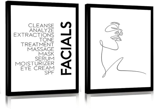 Minimalist Wall Art Prints Black and White Abstract Line Art Facials Quotes Wall Art Spa Beauty Decor Woman Face Sketch One Line Drawing Wall Art Framed(12x16Inch Black Frame)