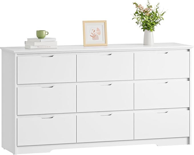 CARPETNAL 9 Drawer White Dresser for Bedroom with Deep Drawers, Large Dressers & Chest of Drawers Handle Free, Modern Long Dressers for Closet Bedroom, Living Room (59.25" W x 15.9" D x 31.9" H)
