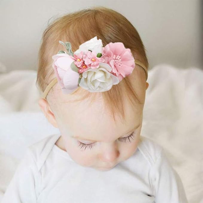 Baby Girl Floral Headband Nylon Flower Crown Elastic Hairband 3pcs Hair Accessories Gift for Girls，stretchy size 3pcs/set