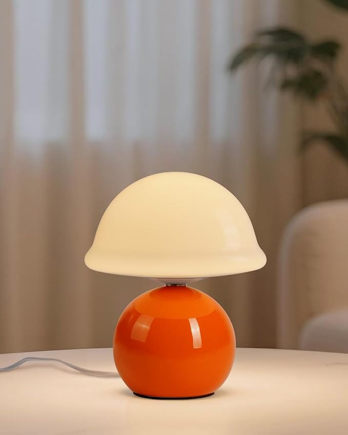 Mushroom Lamp for Bedroom, Cute Small Bedside Table Lamp with Glass Lampshade, Dimmable Nightstand Lamp Mid Century Modern Lamp for Home Living Room Decor (Orange)