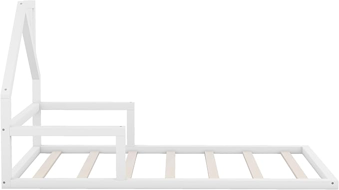 Harper & Bright Designs Twin Size Floor Bed with House Shaped Headboard, Montessori Floor Bed for Kids, Solid Wood Low Bed Frame for Bedroom, Playroom, Wooden Slats Support, White