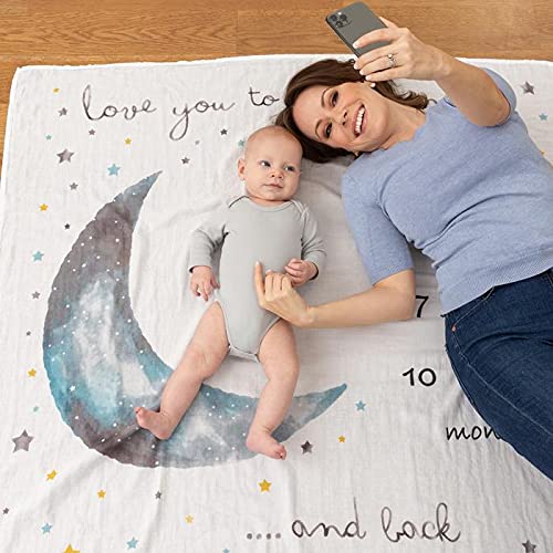 Organic Baby Monthly Milestone Blanket Boy - Love You to The Moon and Back Blanket for Boys, Growth Chart for 1-12 Months Milestones, Gender Neutral, 47”x47”