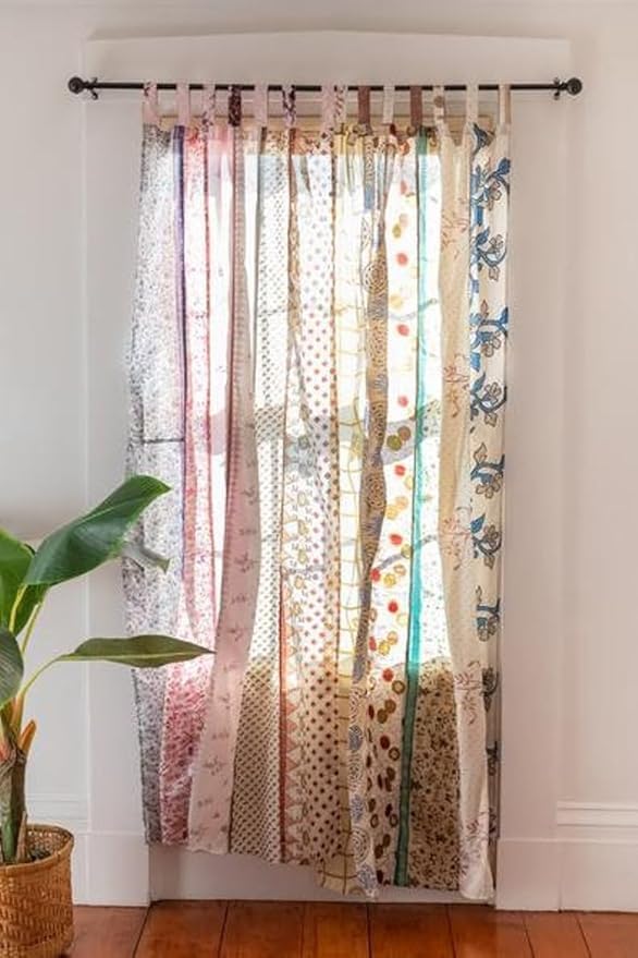 YILLE Boho Silk Sari Curtain Panel,1 Piece Vintage Handmade Lightweight Recycled Indian Silk Saree Window Drapes for Bohemian Living Room, Aesthetic Home Décor Wall Hanging - White, 84 X 43 in