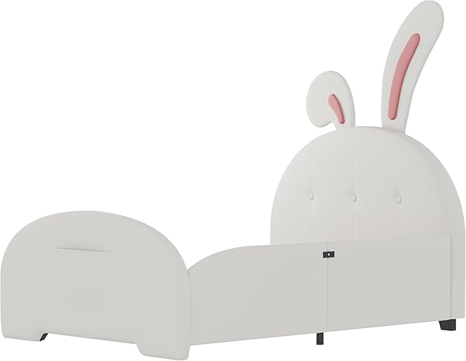 Harper & Bright Designs Twin Size Upholstered Rabbit Shape Princess Bed Frame for Boys Girls Kids Adults Toddler, Twin Size Platform Bed with Headboard and Footboard,White