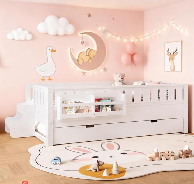 Bellemave Twin Size Kids Bed with high Rails and with Built-in Bookshelf and Trundle for Kids, Girls, Boys, Wood Montessori Bed Without Door, White