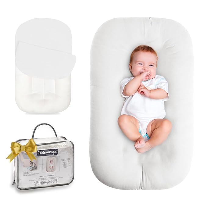 Baby Lounger for Newborn - Snuggle Cozy Me Lounger | Breathable Soft Cotton, 0-24 Months Portable Playtime Baby Nest, Newborn Baby Essentials Gifts - Natural (1 Lounger + 1 Cover)