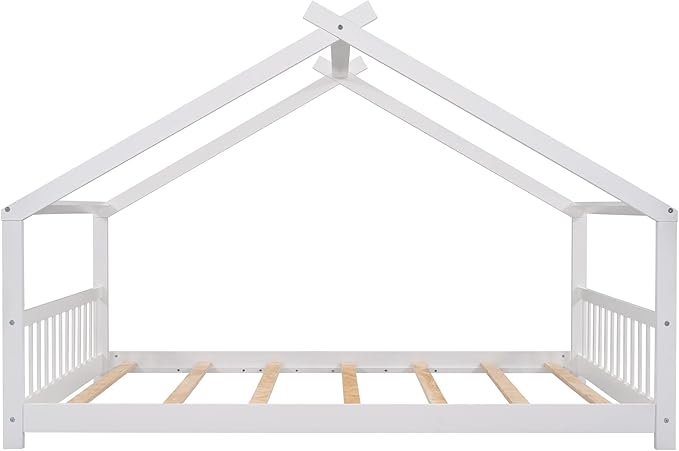 Ball & Cast Full Size Floor Bed,Low to Ground Design Montessori Bed with Roof,Toddler House Bed Frame W/Slats,No Box Spring Needed,for Girls Boys,White