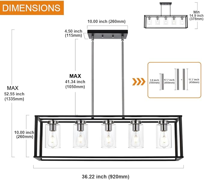 VINLUZ Modern Chandeliers Brushed Nickel and Black 5 Light Rectangle Dining Room Lighting Fixtures Hanging with Clear Glass Shade, Farmhouse Kitchen Island Pendant Lights Ceiling for Living Room