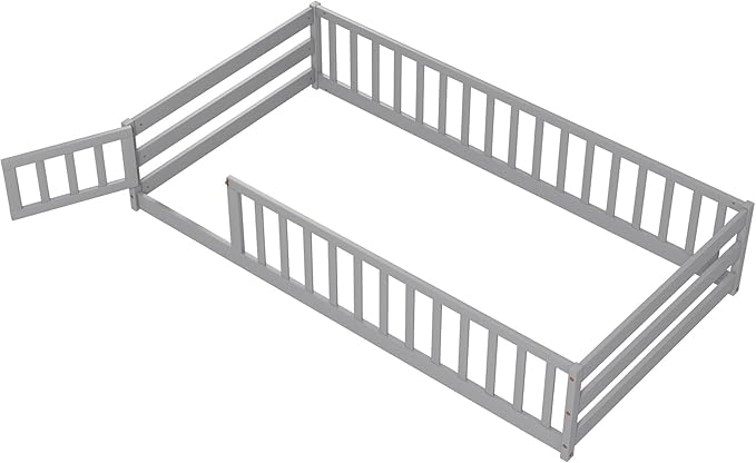 Giantex Twin Floor Bed with Fence for Kids, Wooden Montessori Bed Frame with Lockable Door & Guardrails, Low Floor Beds for Kids, Boys, Girls, No Box Spring Needed, Without Wood Slats, Grey