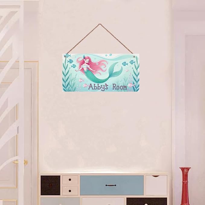 Personalized Sign Mermaid Decor For Girls Room and Baby Nursery Kids Bedroom Custom Name Wood Plaque Hanging Plate Ocean theme Wall Art Decor