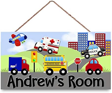 Personalized Name Lots of Vehicles Transportation Cars Trucks Boys Bedroom Baby Nursery Kids Bedroom Door Sign Wall Art