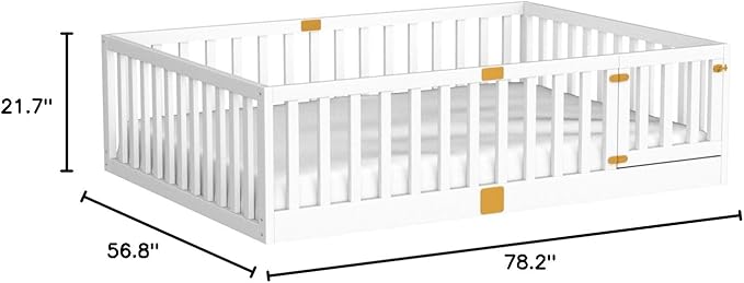 Tatub Full Montessori Floor Bed with High Rails, Solid Wood Montessori Bed Frame for Kids, Door Can Install Left and Right, Full-White