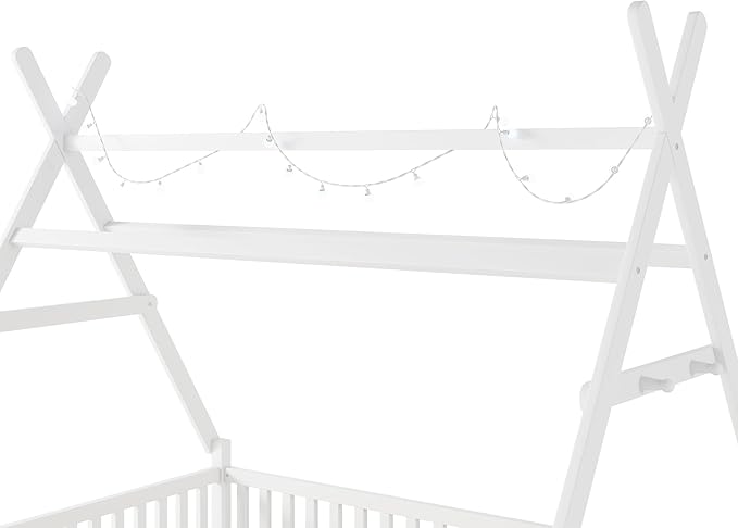 Full House Bed with Roof & LED Light, Low Profile House Bed with Fence, Safe Guardrails, DIY-Friendly for Boys & Girls, Solid Wood & MDF Construction, No Box Spring Required, White