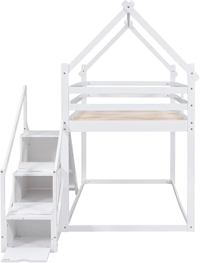 Flieks Twin Over Twin House Loft or Bunk Bed Frame for Boys Girls Kids Adults Toddler with Slide and Staircase, White