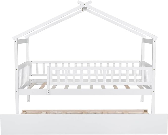 Merax Twin Size Wooden House Bed with Twin Size Trundle, Wood Bed Frame with Roof and Safety Guardrail for Kids, Teens, Boys or Girls, White