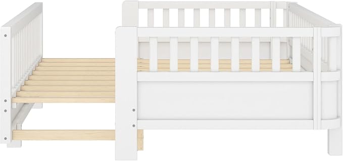 KEIKI Solid Wood Expandable Twin XL Size Floor Bed for Kids with Guardrails, Can Be Converted into a Queen Bed Platform, Montessori Low Profile Bedframe Daybed for Girls Boys, No Box Spring Needed