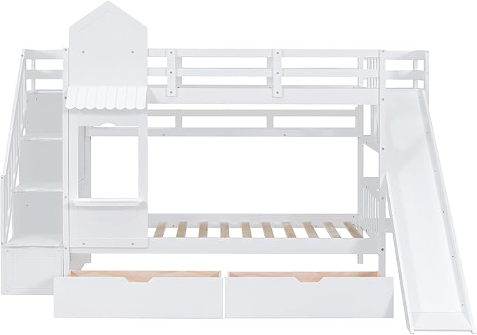 MERITLINE Twin Over Twin Castle Bunk Bed with Slide,Stairs and Drawers,Solid Wood Floor House Princess Bunk Bed with Storage Shelves (White)