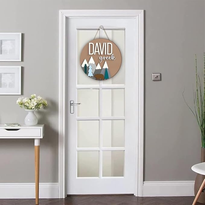 Bear and Mountain Nursery Decor – Custom Round Wood Name Sign for Kids Room – Personalized Baby Name Door Hanger, Toddler Room Decor, Boys Room Wall Art