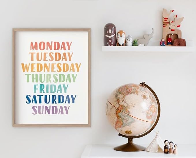 OZCONO Rainbow Days Week Poster, Colorful Learning Chart Kids, Preschool Wall Decor Art, Homeschool Education Guide (Unframed) (9x11)