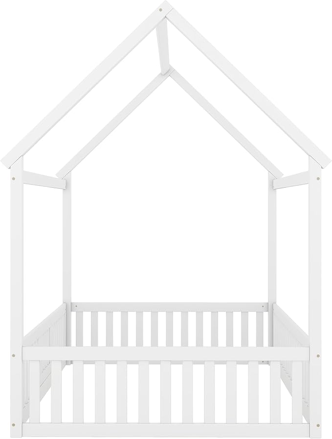 Bellemave Full House Bed for Kids, Wooden Kids bedframe with Rails and roof, Montessori Floor beds, White with Door no slats