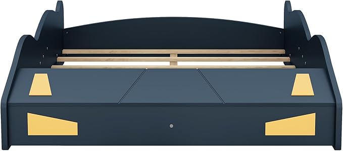 Full Size Race Car-Shaped Platform Bed Bedframe with Wheels and Storage, 90.6" L x 55.3" W x 15.7" H Dark Blue+Yellow