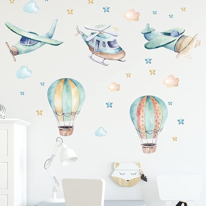 Cartoon Colorful Airplane Hot Air Balloon Wall Stickers Cloud Star Removable Vinyl Wall Decals for Kids' Rooms Nursery Classroom
