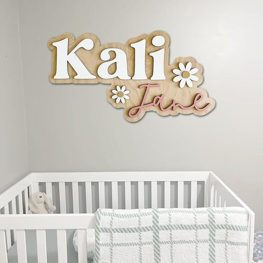 Personalized Wooden Nursery Name Sign, Custom Baby Room Wall Decor with Daisy Flowers, Kids Bedroom Name Plaque, Playroom or Newborn Gift, Keepsake Gift Sign for Boys & Girls