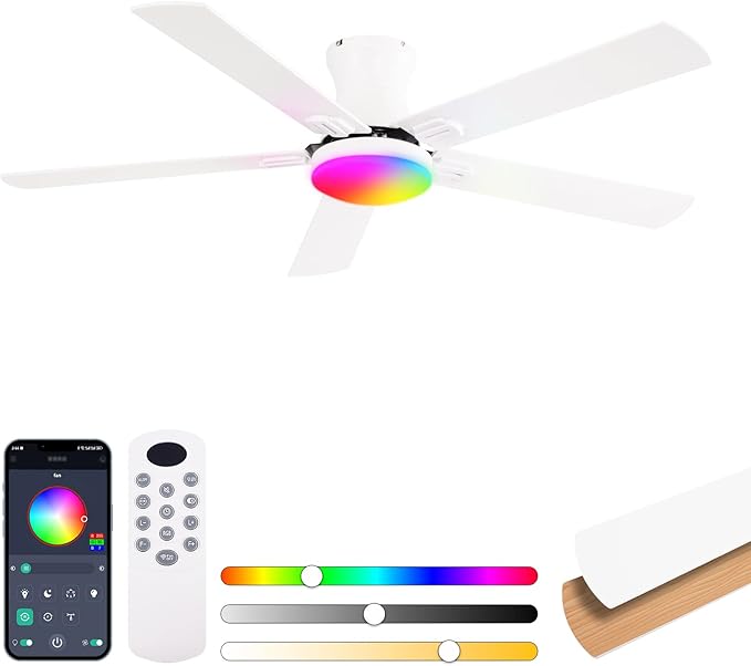 52 Inch Ceiling Fans with Lights, RGB Ceiling Fan with Remote and App,Flush Mount Low Profile, Dimmable 35W LED, Reversible, Smart Ceiling Fan for Bedroom Nursery Living Room Apartment,White