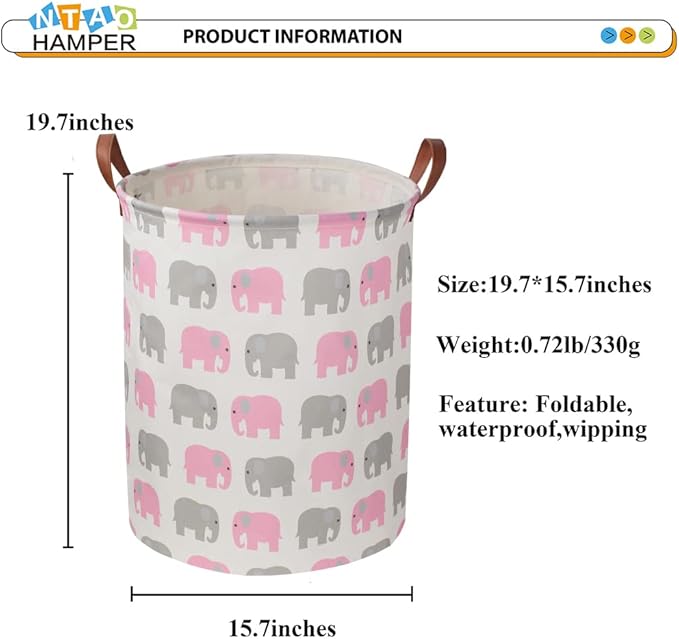 Laundry Basket,Waterproof Hamper,Clothes Hampers for Nursery,Gift Basket,Room Decor,Collapsible Storage Basket (Pink Elephant)