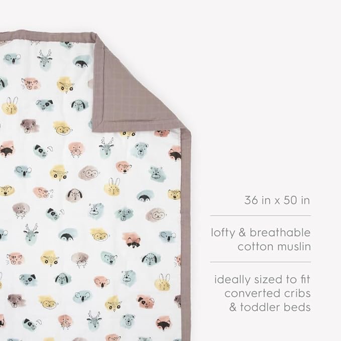 Little Unicorn Lofty Comforter Blanket | Super Soft & Breathable Muslin Fabric| Great for Play & Bedtime Blanket (Watercolor Critters)