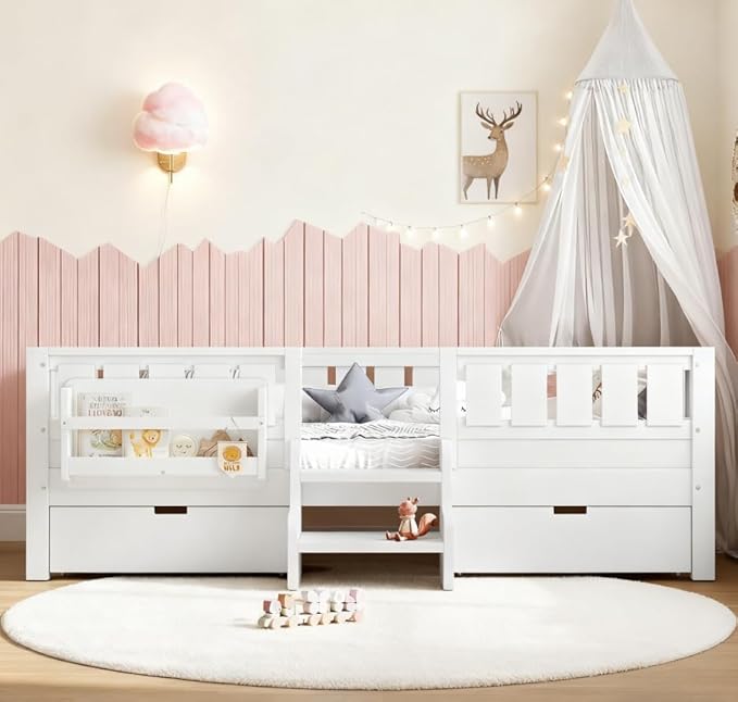 Bellemave Twin Size Kids Bed with high Rails and with Built-in Bookshelf and Drawers for Kids, Girls, Boys, Wood Montessori Bed Without Door, White