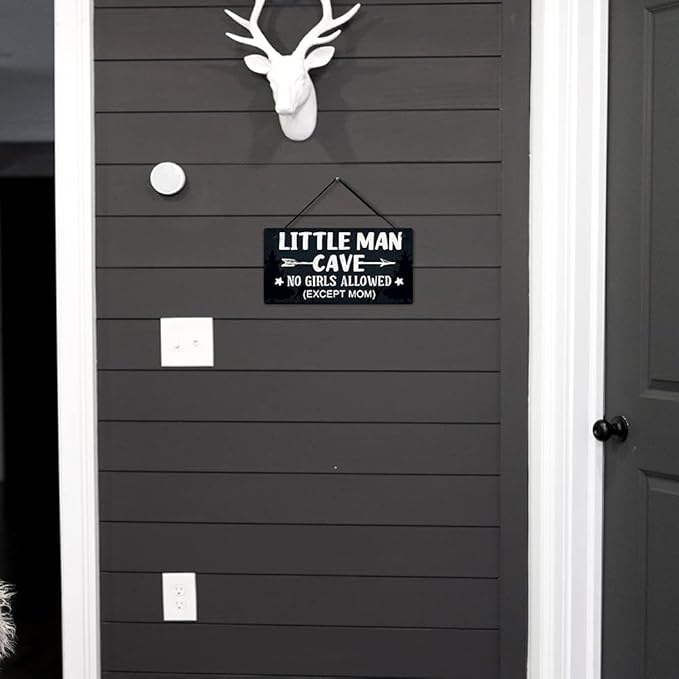 Putuo Decor Little Man Cave Sign, Boys Room Wall Decor for Kids, Toddler Boys, Baby, 10x5 Inches PVC Hanging Plaque Gift (No Girls Allowed Except Mom - 2)